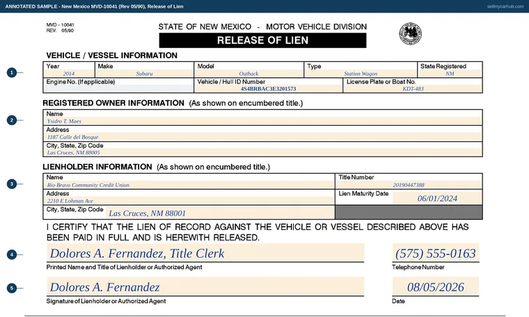 Top of our filled-in example of New Mexico MVD-10041, Release of Lien