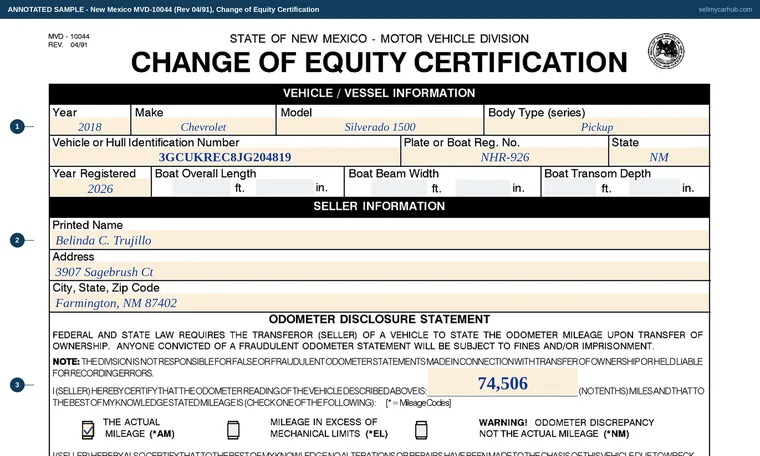 Top of our filled-in example of New Mexico MVD-10044, Change of Equity Certification
