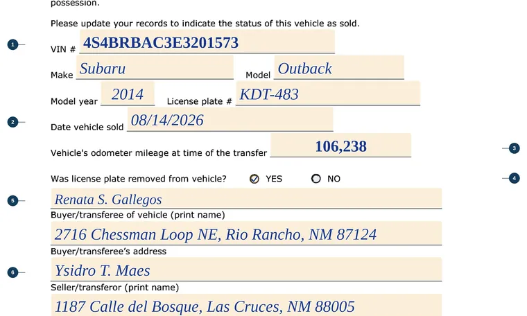 Part of our filled-in example of New Mexico MVD-10048, Notice of Vehicle Sold, showing the filled-in entries