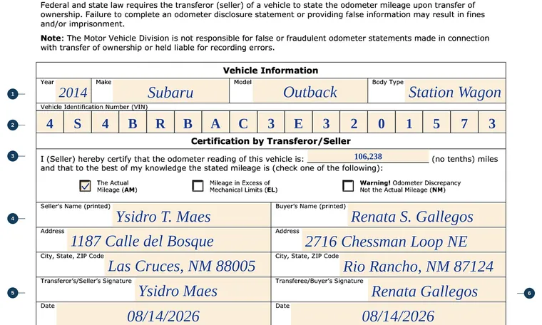 Part of our filled-in example of New Mexico MVD-10187, Odometer Disclosure Statement, showing the filled-in entries