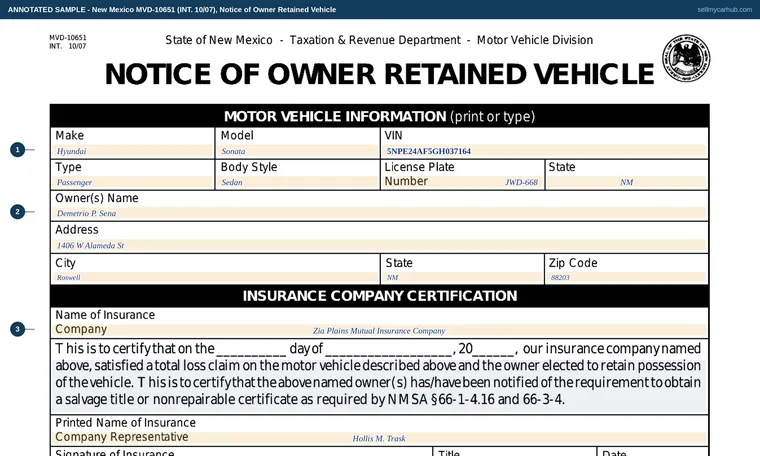 Top of our filled-in example of New Mexico MVD-10651, Notice of Owner Retained Vehicle