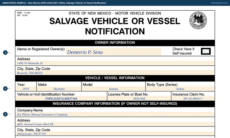 Top of our filled-in example of New Mexico MVD-11103, Salvage Vehicle or Vessel Notification