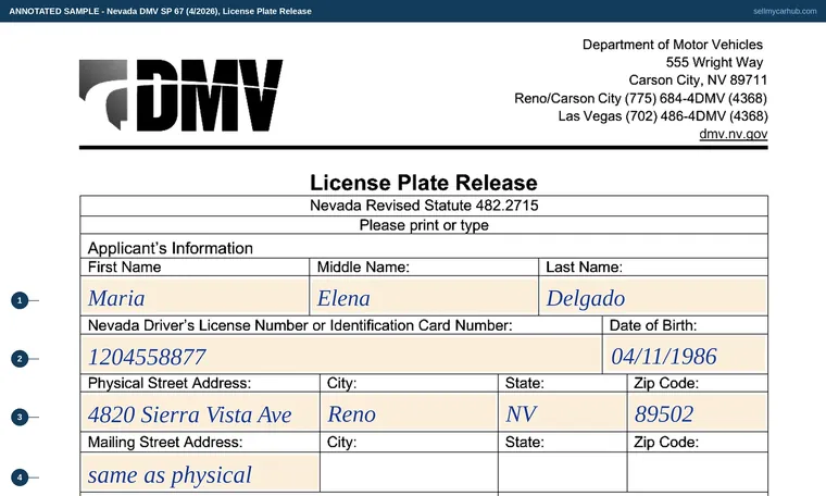 Top of our filled-in example of Nevada SP 67, License Plate Release