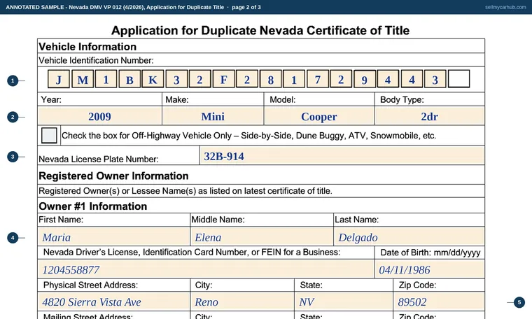 Top of page 2 of our filled-in example of Nevada VP 012, Application for Duplicate Nevada Certificate of Title