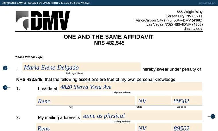 Top of our filled-in example of Nevada VP 185, One and the Same Affidavit
