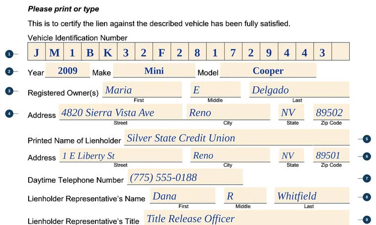Part of our filled-in example of Nevada VP 186, Lien Release, showing the filled-in entries
