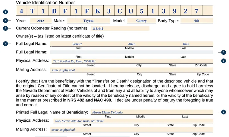 Part of our filled-in example of Nevada VP 241, Transfer on Death &mdash; Beneficiary's Affidavit for Title, showing the filled-in entries