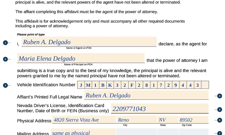 Part of our filled-in example of Nevada VP 249, Affidavit of Acknowledgement for a Power of Attorney, showing the filled-in entries