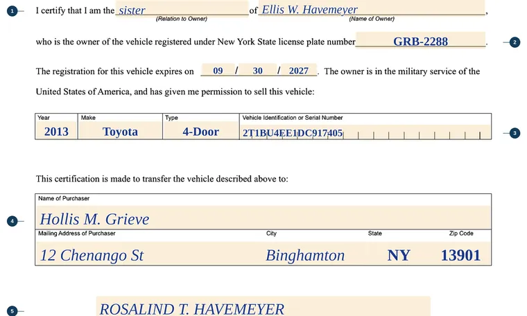 Part of our filled-in example of New York MV-456, Certification of Disposition of Vehicle on Behalf of Absentee Owner, showing the filled-in entries