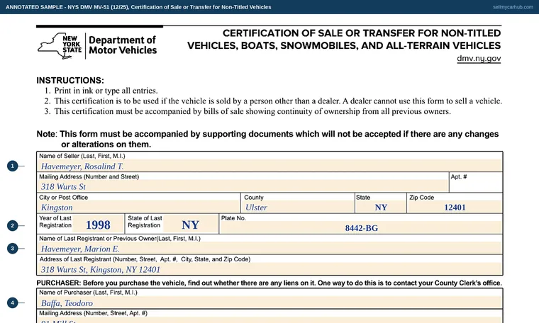 Top of our filled-in example of New York MV-51, Certification of Sale or Transfer for Non-Titled Vehicles, Boats, Snowmobiles and All-Terrain Vehicles