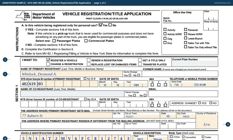 Top of page 1 of our filled-in example of New York MV-82, Vehicle Registration/Title Application