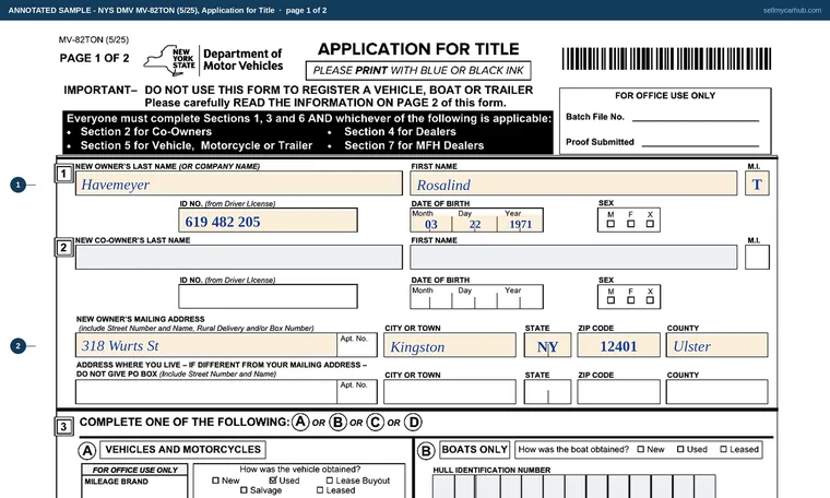 Top of page 1 of our filled-in example of New York MV-82TON, Application for Title