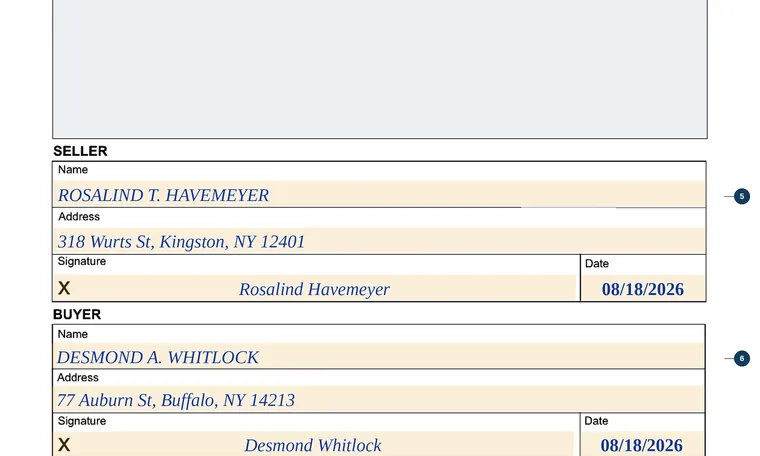 Part of our filled-in example of New York MV-912, Vehicle Bill of Sale, showing the filled-in entries