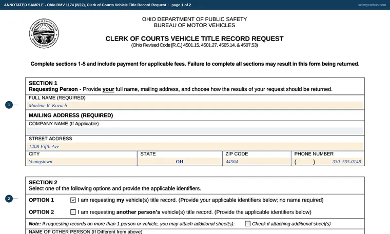 Top of page 1 of our filled-in example of Ohio BMV 1174, Clerk of Courts Vehicle Title Record Request