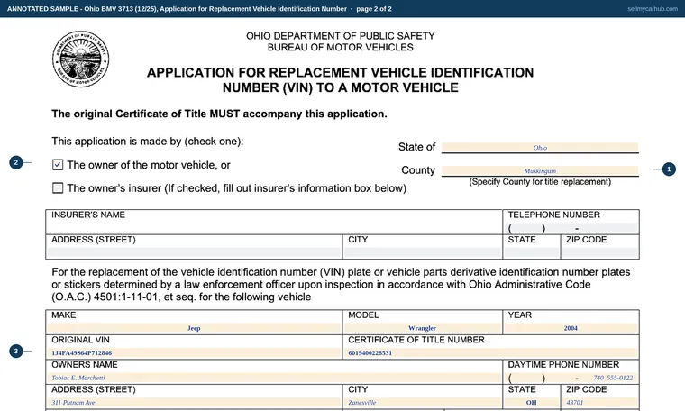 Top of page 2 of our filled-in example of Ohio BMV 3713, Application for Replacement Vehicle Identification Number (VIN) to a Motor Vehicle