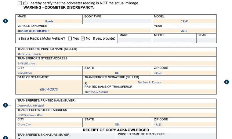 Part of our filled-in example of Ohio BMV 3724, Odometer Disclosure Statement, showing the filled-in entries