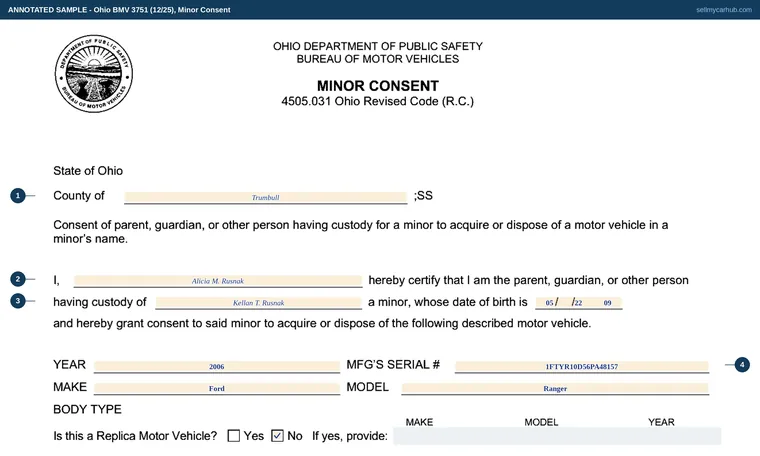 Top of our filled-in example of Ohio BMV 3751, Minor Consent