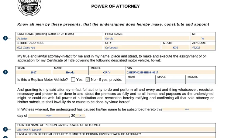 Part of our filled-in example of Ohio BMV 3771, Power of Attorney for Certificate of Title, showing the filled-in entries