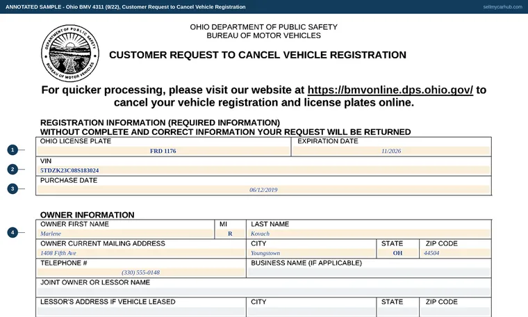 Top of our filled-in example of Ohio BMV 4311, Customer Request to Cancel Vehicle Registration