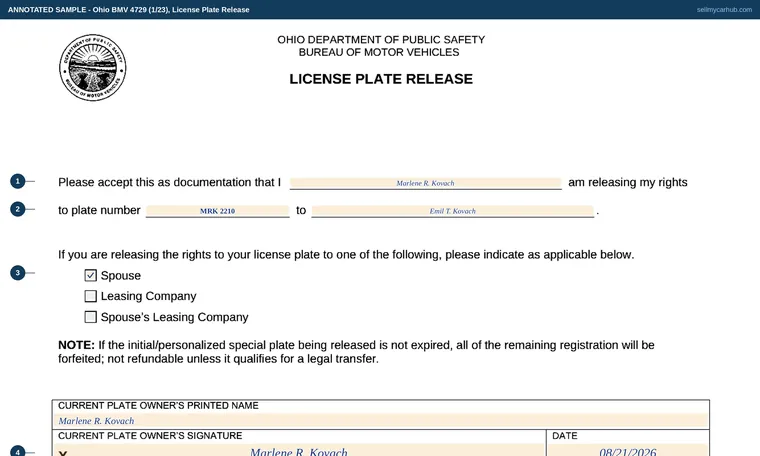 Top of our filled-in example of Ohio BMV 4729, License Plate Release