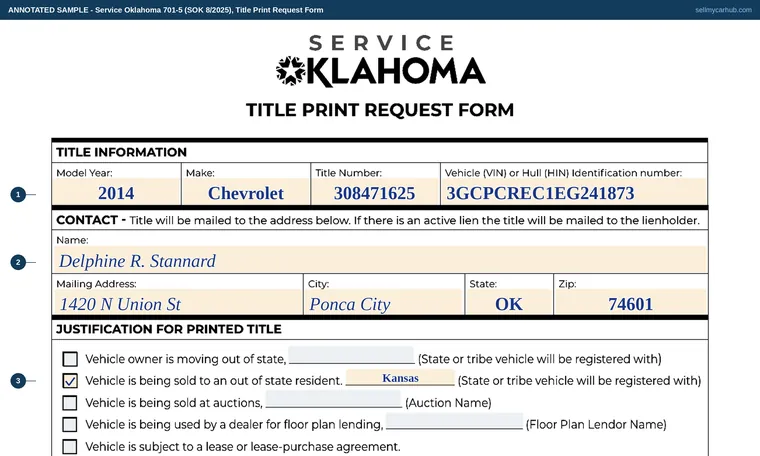 Top of our filled-in example of Oklahoma 701-5, Title Print Request Form