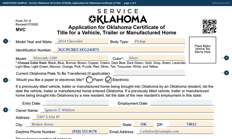 Top of page 1 of our filled-in example of Oklahoma 701-6, Application for Oklahoma Certificate of Title for a Vehicle, Trailer or Manufactured Home