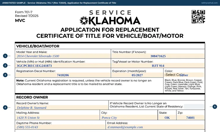 Top of our filled-in example of Oklahoma 701-7, Application for Replacement Certificate of Title for Vehicle/Boat/Motor