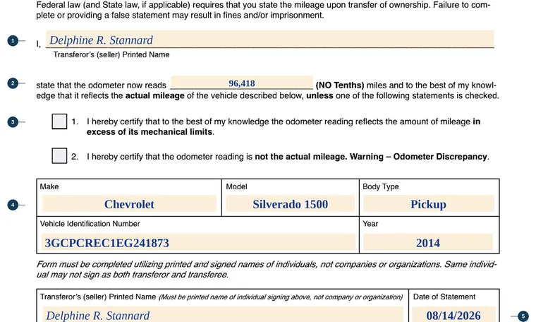 Part of our filled-in example of Oklahoma 729, Odometer Disclosure Statement, showing the filled-in entries