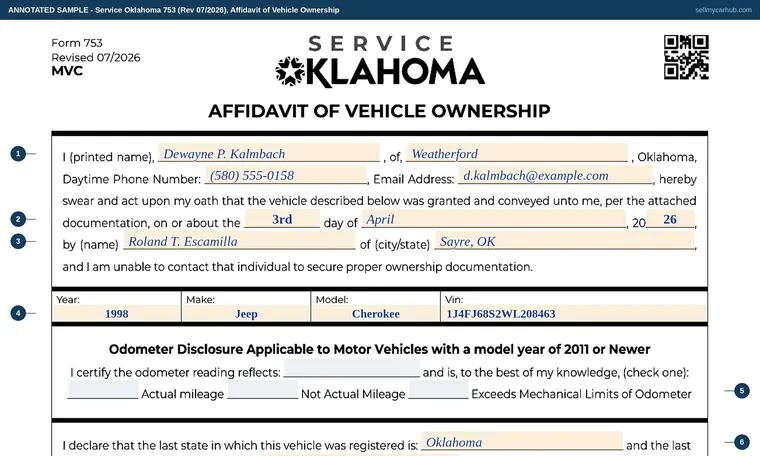 Top of our filled-in example of Oklahoma 753, Affidavit of Vehicle Ownership