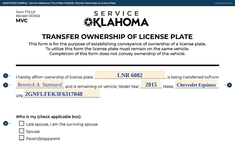 Top of our filled-in example of Oklahoma 773-LP, Transfer Ownership of License Plate