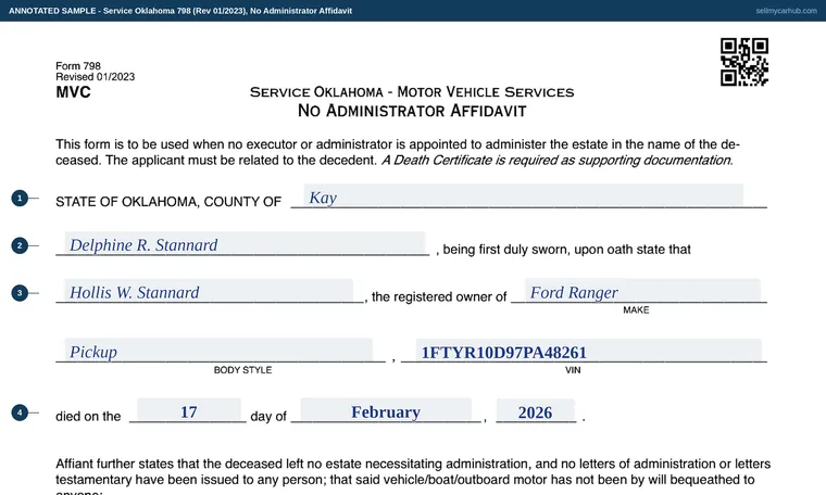 Top of our filled-in example of Oklahoma 798, No Administrator Affidavit