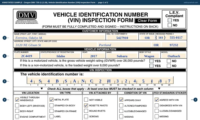 Top of page 1 of our filled-in example of Oregon 735-11, Vehicle Identification Number (VIN) Inspection Form