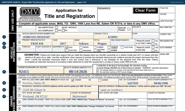 Top of page 1 of our filled-in example of Oregon 735-226, Application for Title and Registration