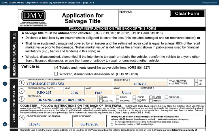 Top of page 1 of our filled-in example of Oregon 735-229, Application for Salvage Title