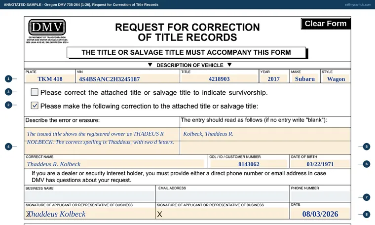 Top of our filled-in example of Oregon 735-264, Request for Correction of Title Records