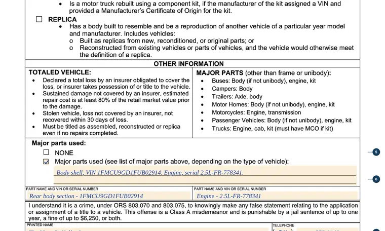 Part of our filled-in example of Oregon 735-6511, Assembled, Reconstructed or Replica Vehicle Certification, showing the filled-in entries