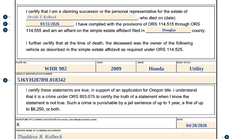 Part of our filled-in example of Oregon 735-6797, Simple Estate Certification, showing the filled-in entries