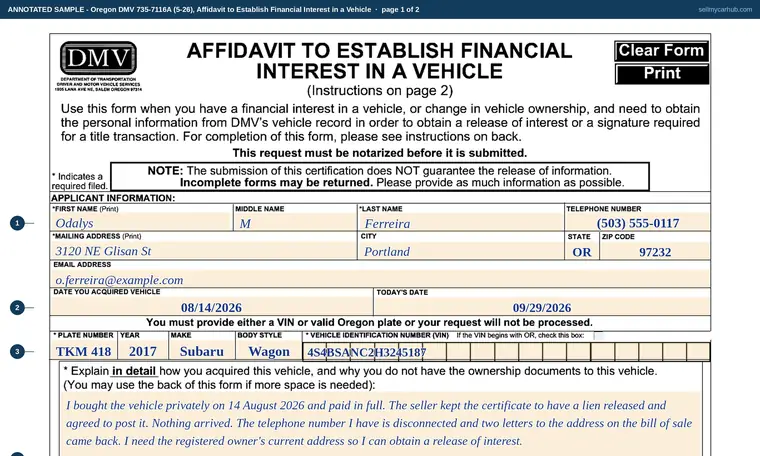 Top of page 1 of our filled-in example of Oregon 735-7116A, Affidavit to Establish Financial Interest in a Vehicle