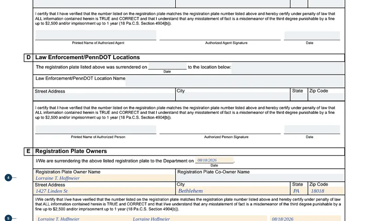 Part of page 1 of our filled-in example of Pennsylvania MV-141, Surrender of a Registration Plate, showing the filled-in entries