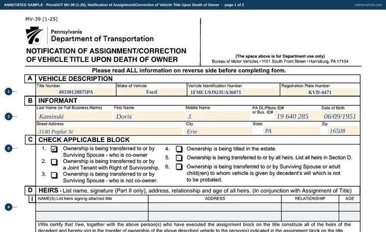 Top of page 1 of our filled-in example of Pennsylvania MV-39, Notification of Assignment/Correction of Vehicle Title Upon Death of Owner