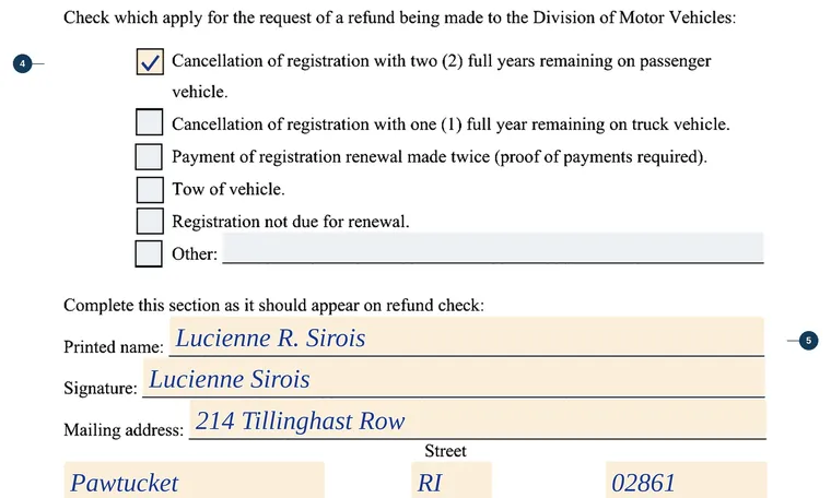 Part of our filled-in example of Rhode Island Refund Application, Refund Application, showing the filled-in entries