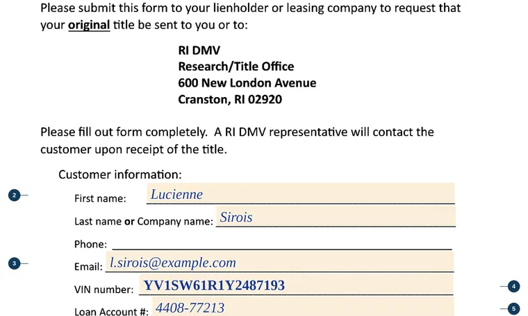 Part of our filled-in example of Rhode Island Title Request, Title Request for Lienholder or Leasing Company, showing the filled-in entries