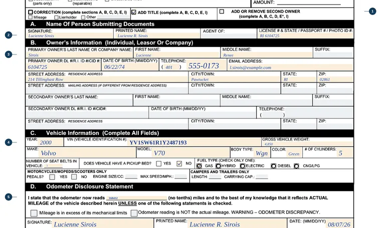 Part of page 1 of our filled-in example of Rhode Island TR-2/TR-9, Application for Title for Vehicles, showing the filled-in entries
