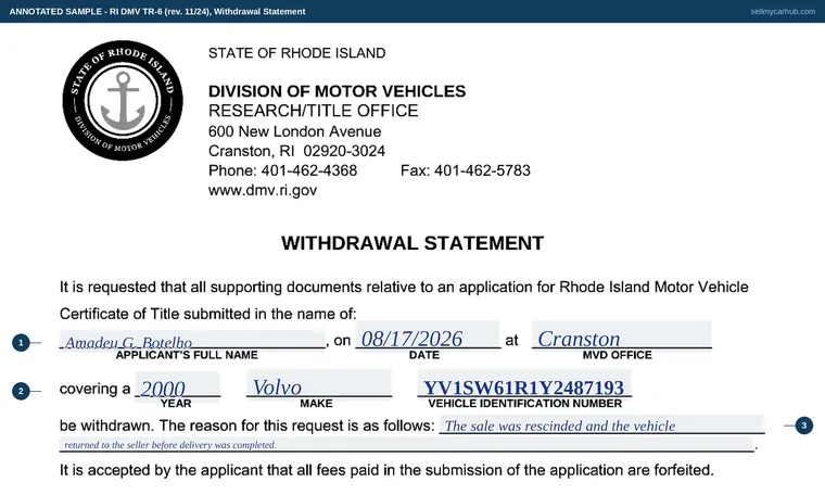 Top of our filled-in example of Rhode Island TR-6, Withdrawal Statement