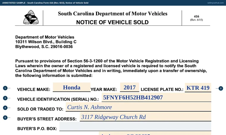 Top of our filled-in example of South Carolina 416, Notice of Vehicle Sold
