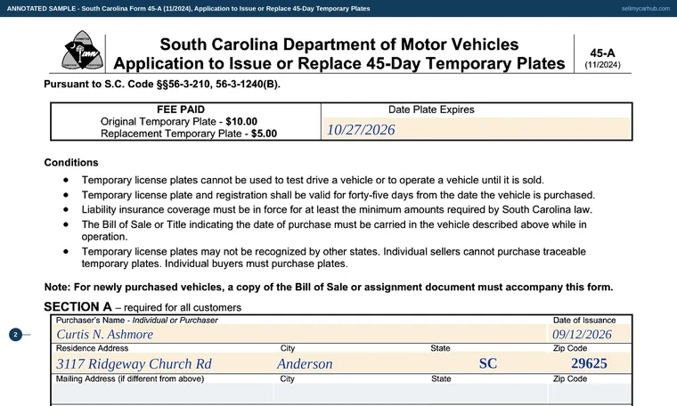 Top of our filled-in example of South Carolina 45-A, Application to Issue or Replace 45-Day Temporary Plates
