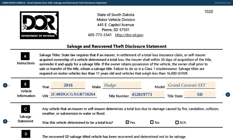 Top of our filled-in example of South Dakota Form 1020, Salvage and Recovered Theft Disclosure Statement