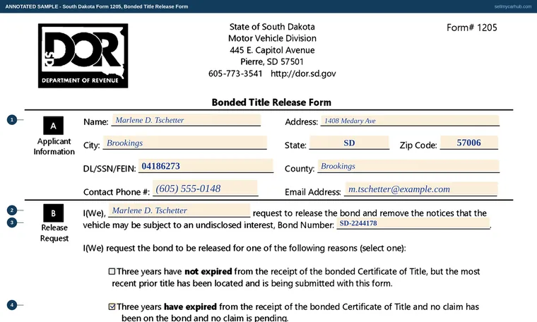 Top of our filled-in example of South Dakota Form 1205, Bonded Title Release Form