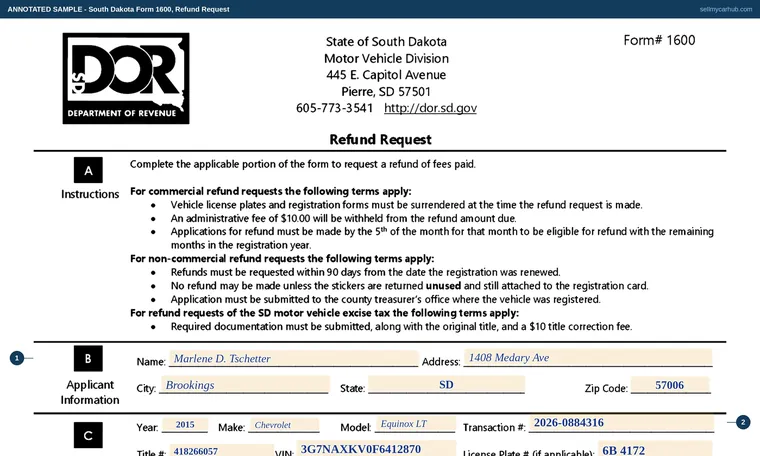 Top of our filled-in example of South Dakota Form 1600, Refund Request