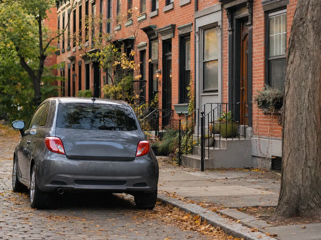 Compact car on a Albany brick rowhouse street in autumn - selling a car in Albany